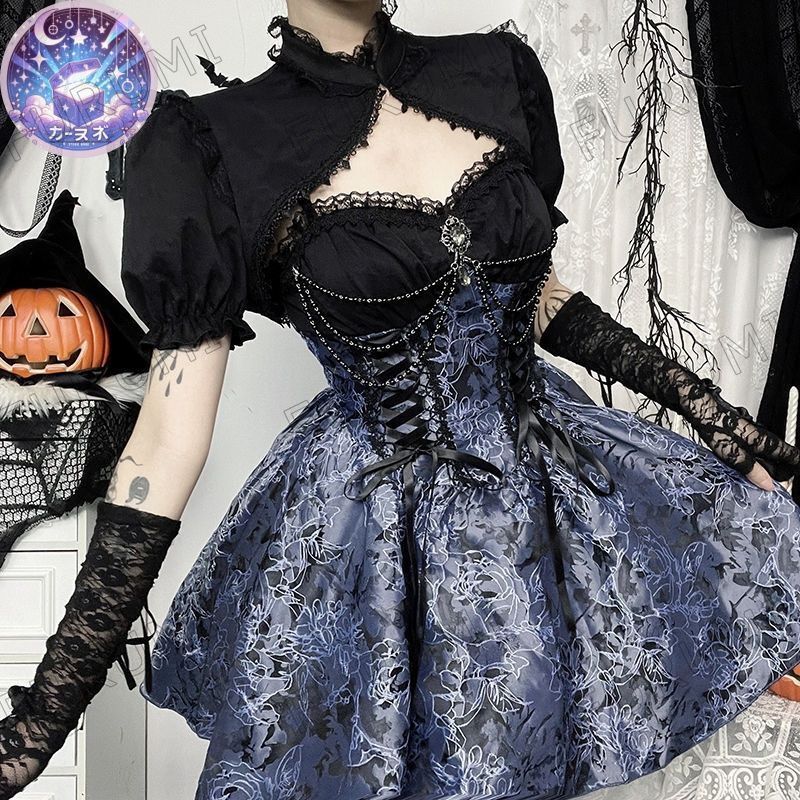 星 ダークゴシック lolita ゴシック風 ゴスロリ ロリータワンピースセット ブラックボレロ付き ハロウィン 魔女風 ブラック