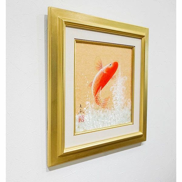 色紙額 中谷文魚 「龍門 （金潜紙）」 日本画 真筆 額入り 肉筆画