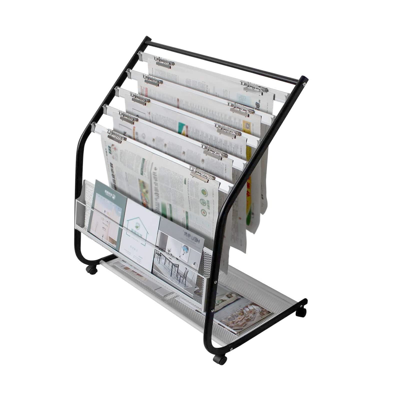 GIBLEA 新聞ラック 新聞ホルダー 5段 キャスター付き 新聞雑誌ラック 新聞ストッカー 新聞 新聞掛け 幅68CM 大容量 収納しやすい 簡単組立