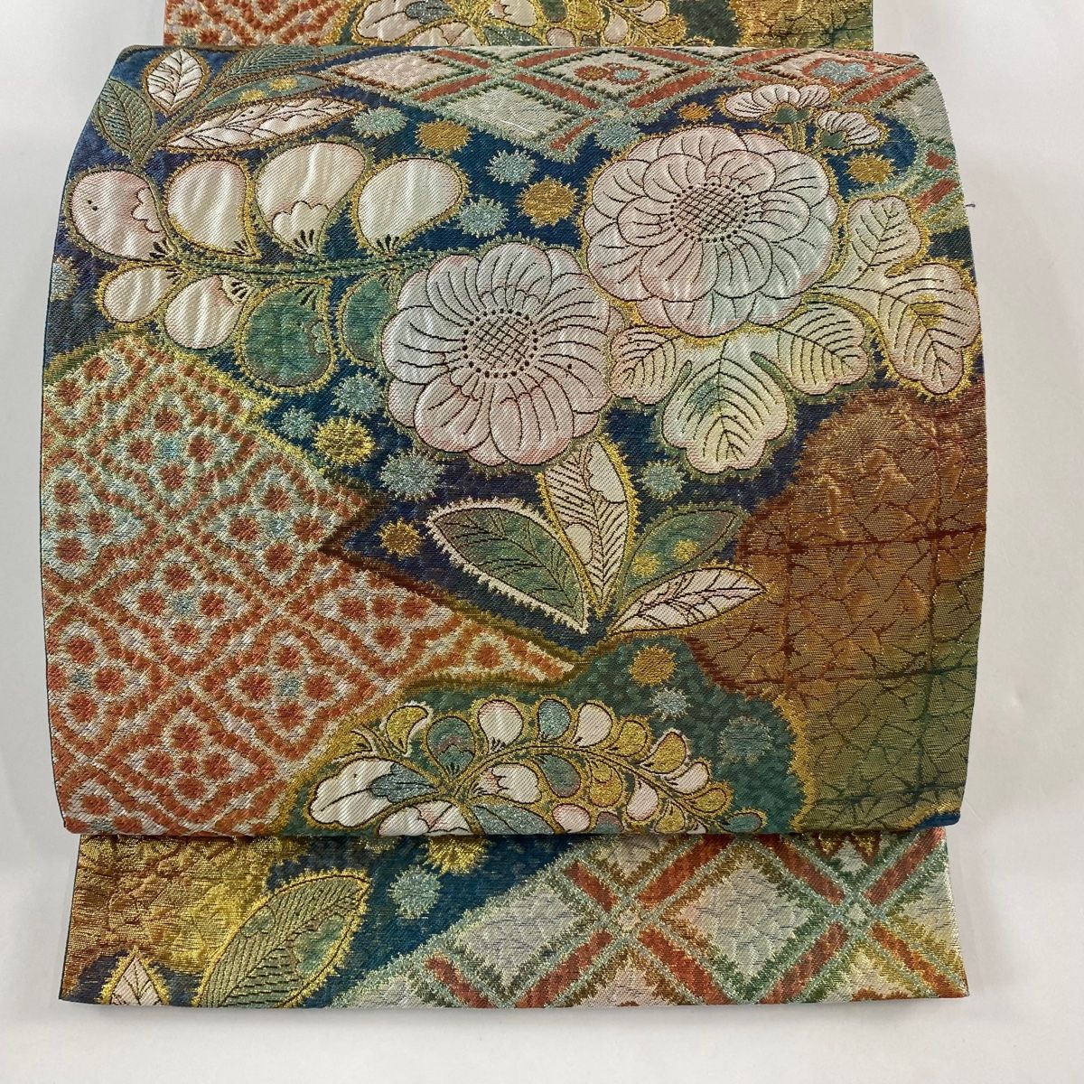 袋帯 秀品 辻ヶ花柄 菱 箔 緑 六通 正絹