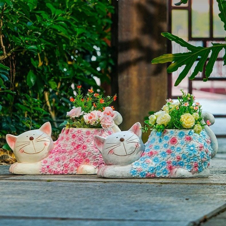 プランター ネコ 猫 かわいい 彫刻 高強度酸化マグネシウム ピンク ブルー 青 ねこ キャット アニマル 寄せ植え 植木鉢 ガーデニング 雑貨 ガーデン雑貨 ガーデンインテリア ガーデン インテリア