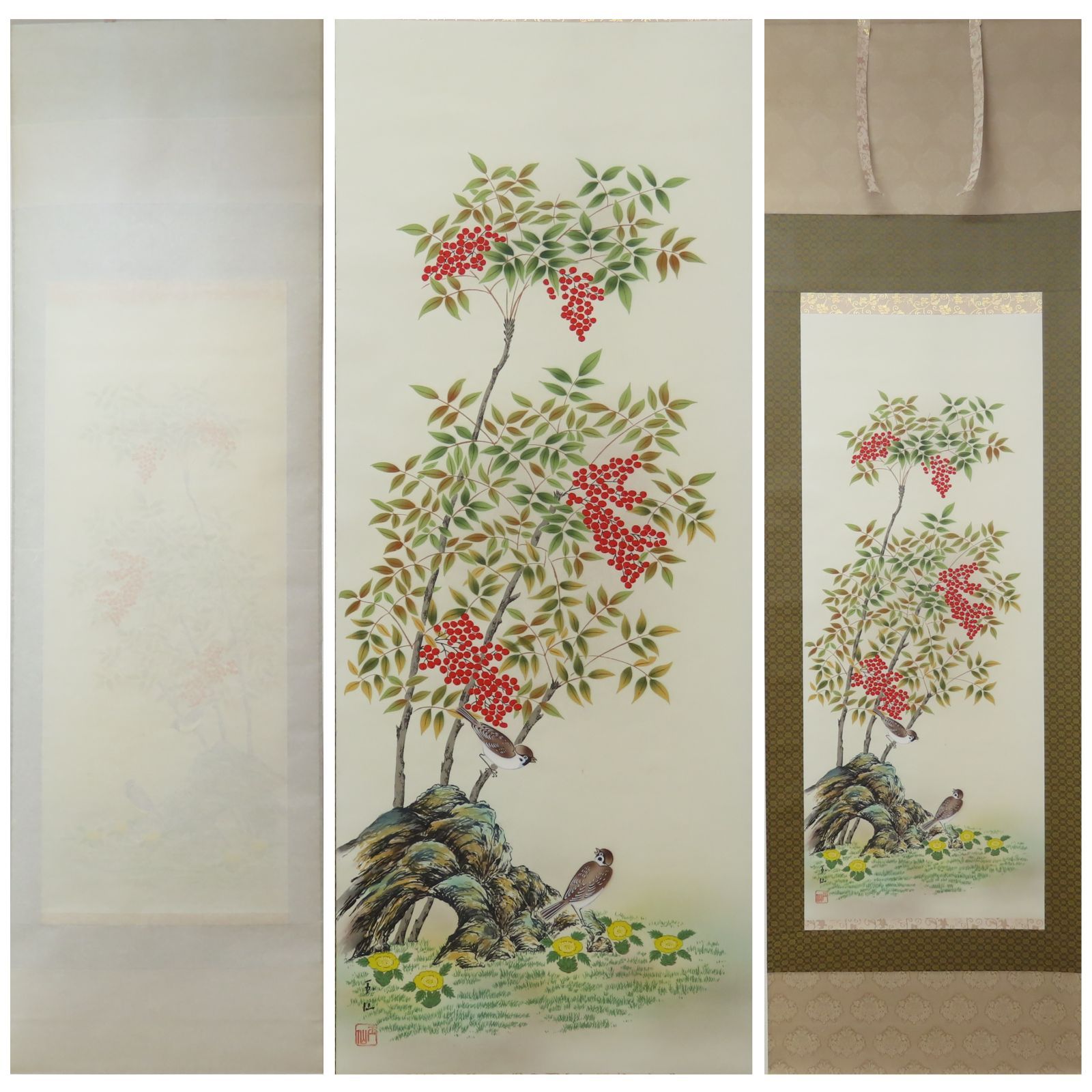 0193 美品 田中玉仙 真作保証 日本画家 掛軸「南天福寿」肉筆 共