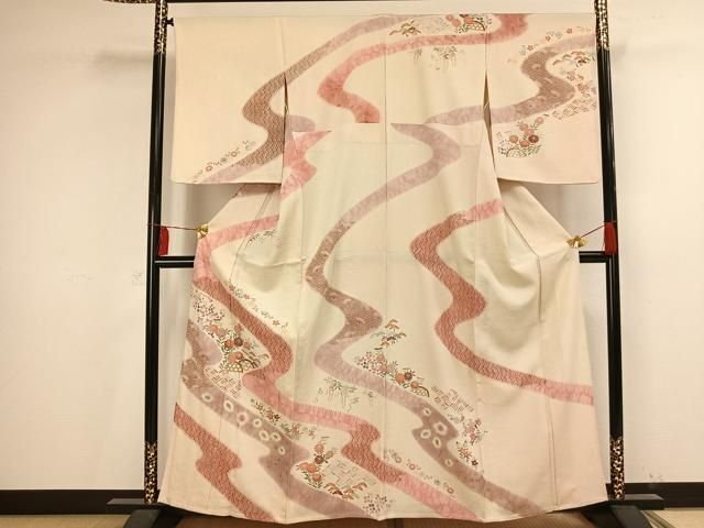 平和屋着物▽訪問着 単衣 友禅 絞り 流水草花文 金彩 正絹 AAAV2764fy