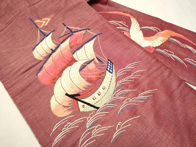 平和屋着物○アンティーク 大正ロマン 九寸名古屋帯 総刺繍 船 金糸