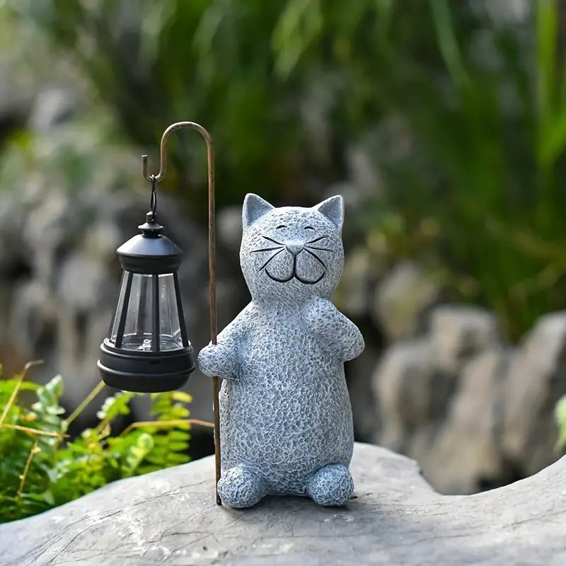 1個のソーラー式中庭ランプ、樹脂製の動物の子猫の工芸品、庭のバルコニーの家の装飾