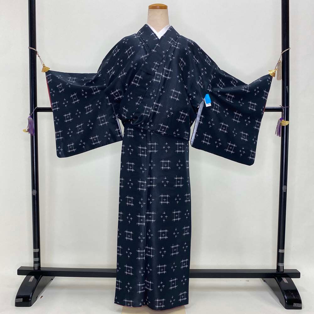 小紋 洗える着物 裄68cm 身丈167cm 花柄 袷 お洒落着 普段着 
