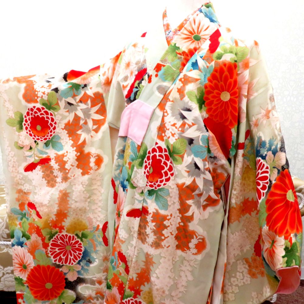 子供着物 アンティーク着物 昔きもの 子供着物 女児用 四つ身 薄緑 金