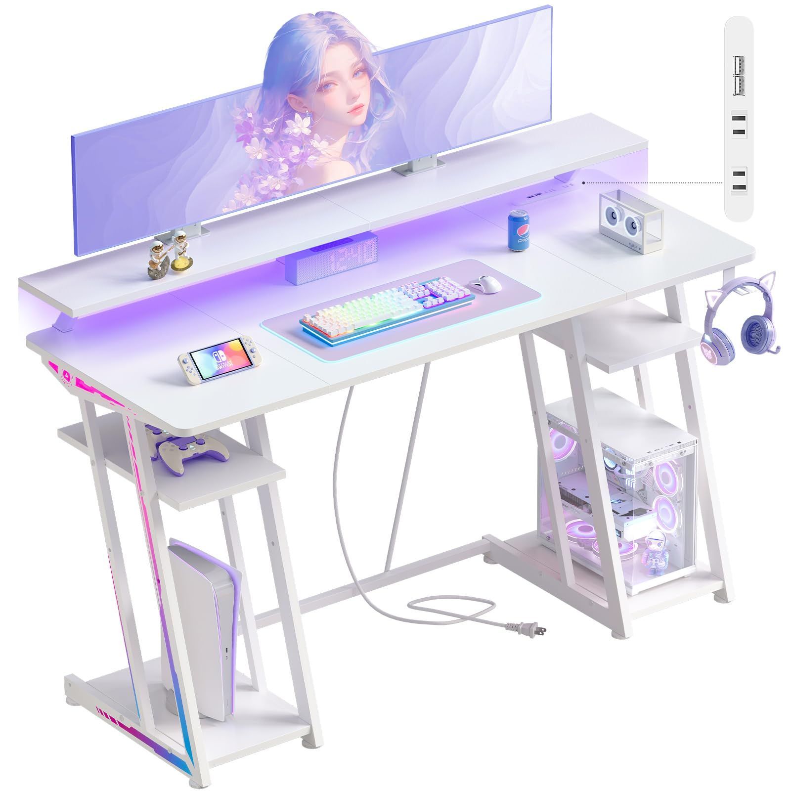 LEDゲーミングデスク 幅135cm RGB光る 省スペース パソコンデスク 収納付き YeTom デュアルモニター対応 頑丈Z型フレーム 簡単組立 学習机|オフィスデスク 白い