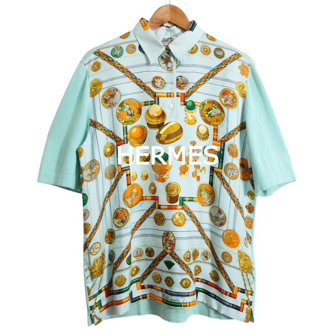 良品 エルメス 切替ポロシャツ 総柄 シルクカシミヤ 半袖 M レディース 美品 HERMES エルメス サイズL シルク切り替え カシミヤ混 総柄 ハーフ