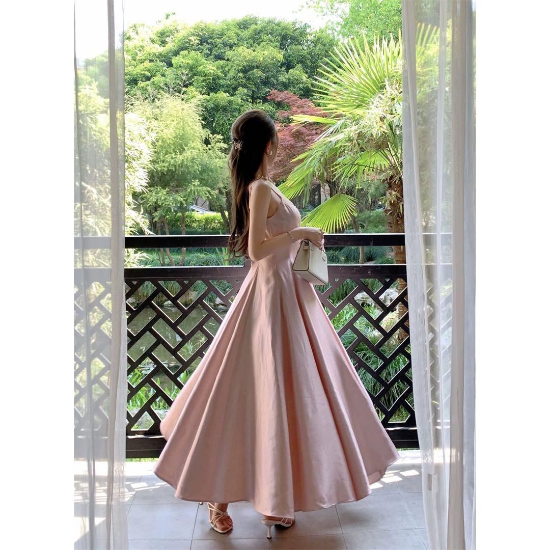 お姫様気分?シンプルなロングフレアワンピース【ピンク/サテン