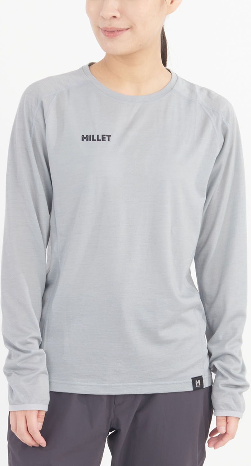 ミレー MILLET アウトドア UBIC WOOL CREW LS W ベースレイヤー ロングスリーブ 長袖 トレッキング 速乾 耐久性 保温 調湿 防臭性 ウール混紡素材 登山 ハイキング MIV03216 N7372 SILVER