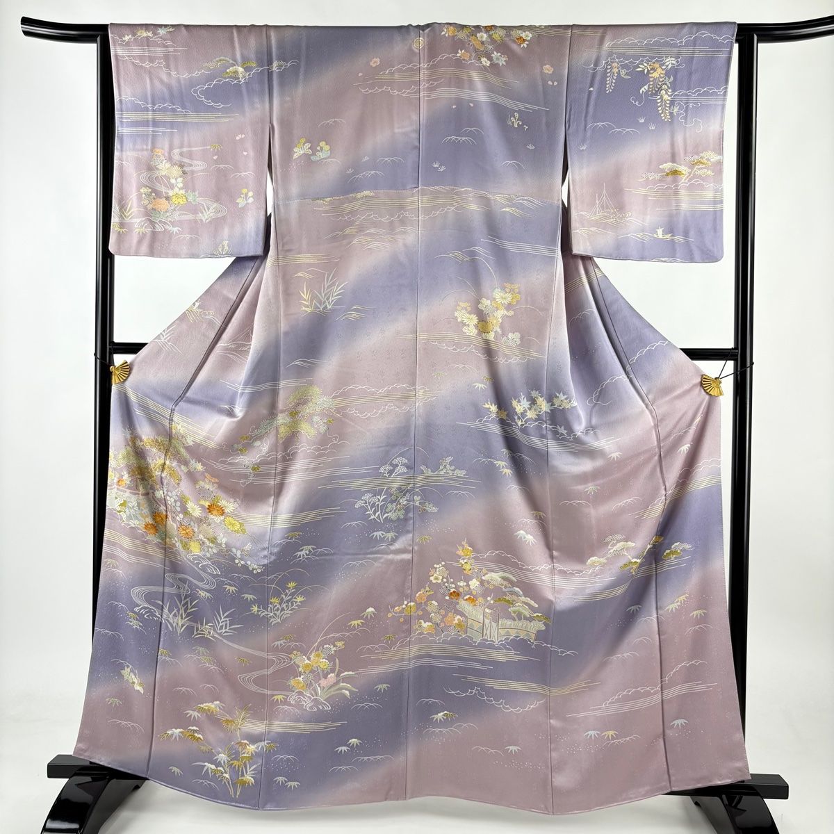 訪問着 身丈163cm 裄丈64cm M 袷 落款 幔幕 草花 金糸 金彩 薄紫 正絹 秀品 一つ紋