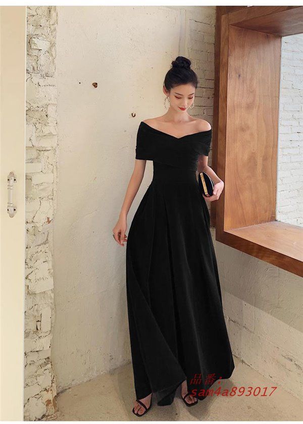 ドレス ロングドレス 演奏会 オフショルダー ロング丈 ミモレ丈 結婚式 体型カバー 発表会 母親 ブラック 黒 花嫁ステージ am4a893017