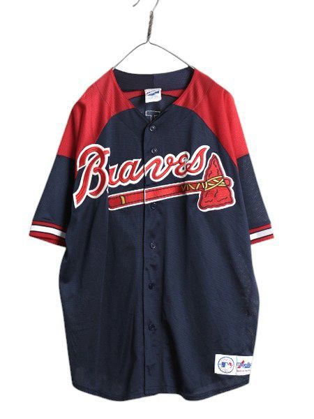 なクーポン配布中! ブレーブス ベースボール シャツ メンズ L | 古着 MLB オフィシャル マジェスティック 大リーグ ユニフォーム ゲームシャツ メッシュ