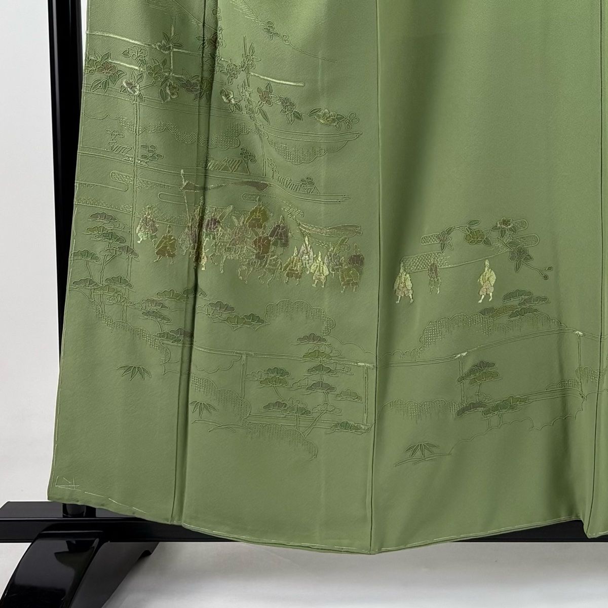 付下げ 身丈158cm 裄丈68cm L 袷 袋帯セット 大名行列 松 金糸 刺繍 抹茶色 正絹 秀品 一つ紋