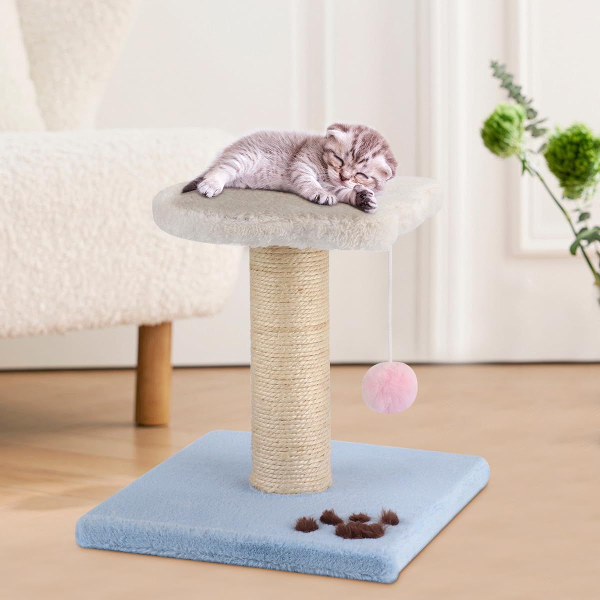 【★送料無料★】BreeRainz 猫 キャットタワー ミニ 26cmx26cmx25cm 木製 子猫 スリム かわいい 爪研ぎポール/おもちゃ付く コンパクト 猫タワー 低め 据え置き 木製 猫昼寝タワー 天然麻紐 頑丈耐久 運動不足解消 組立簡単 省スペー