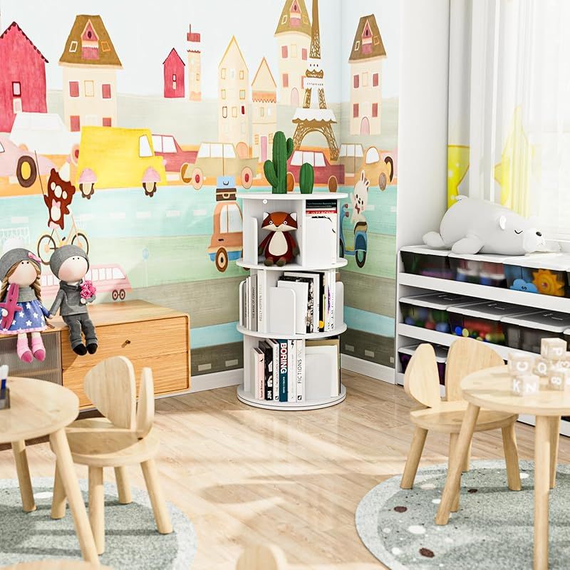 APPOLYN本棚 回転式本棚 3段 大容量 ラック 直径40CM*高さ97CM A4紙が入る高さ コミックラック 漫画 絵本棚 収納棚 ホワイト 1