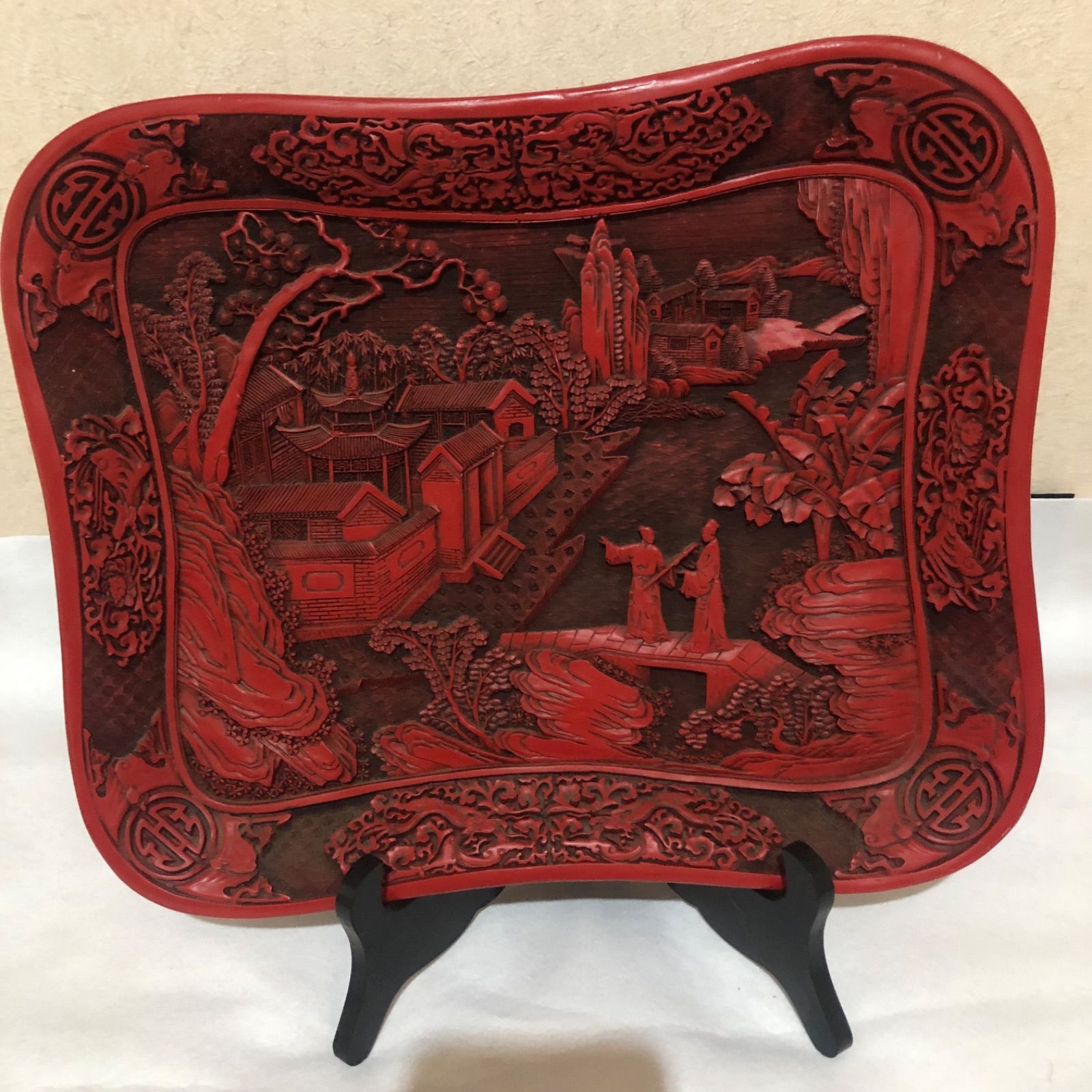 時代 清乾隆製 推朱 茶盆／中国美術 唐物 漆芸 清 清代 乾隆 唐木盆 台座付き SG25G21