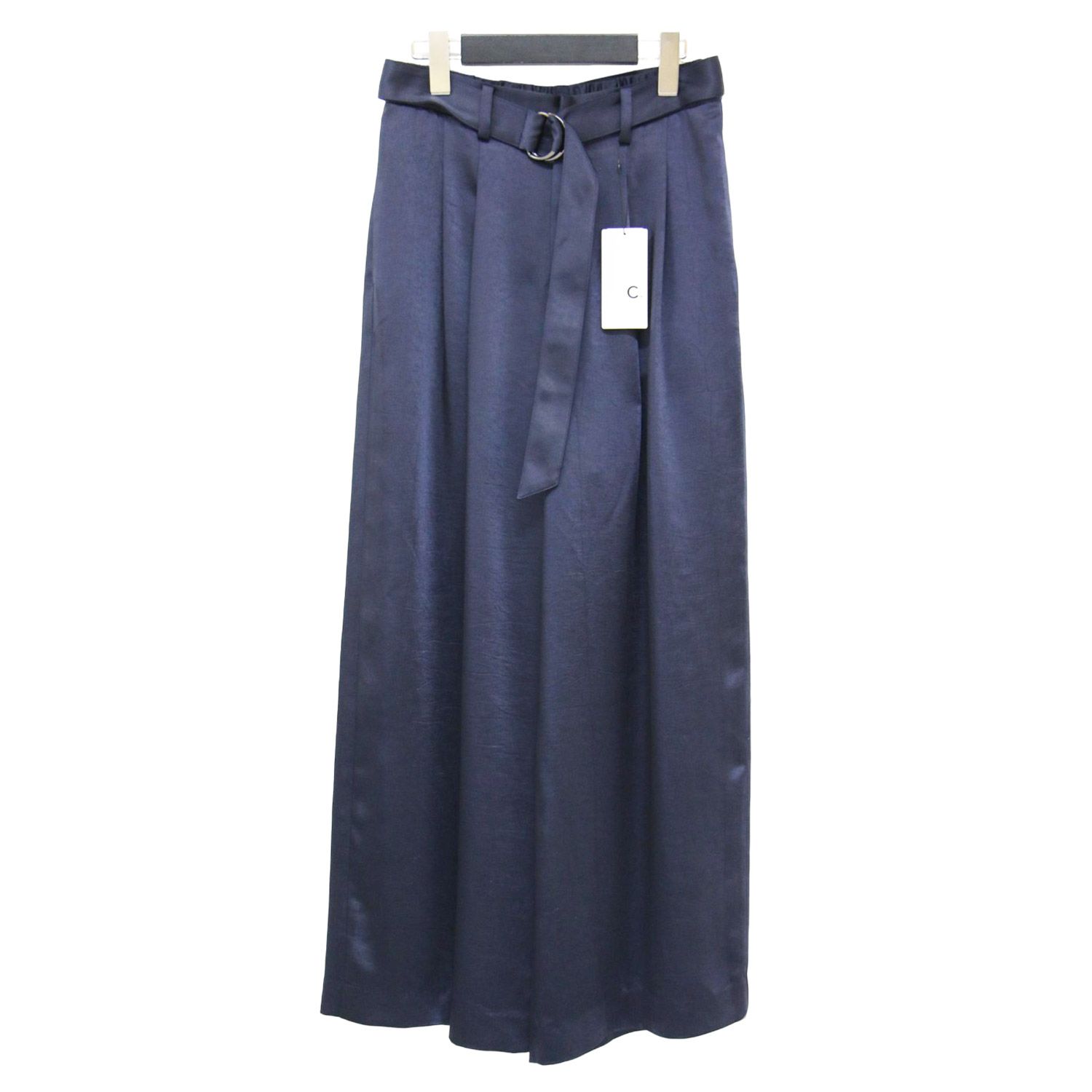 C シープラス パンツ ネイビー 紺 サイズ 38 M | サテン ベルト付き ワイド パンツ | ツータック | ボトムス ズボン レディース