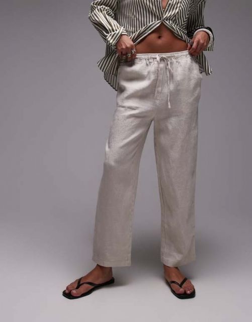 【送料無料】 マンゴ レディース カジュアルパンツ ボトムス Mango tie waist linen pants in light beige BEIGE