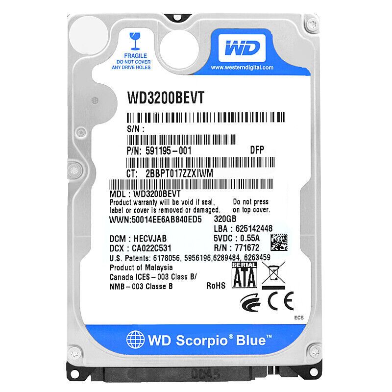 ハードドライブ 320GB WD3200BEVT 8Mb キャッシュ 5400Rpm Sata II 2.5 インチ ブルー