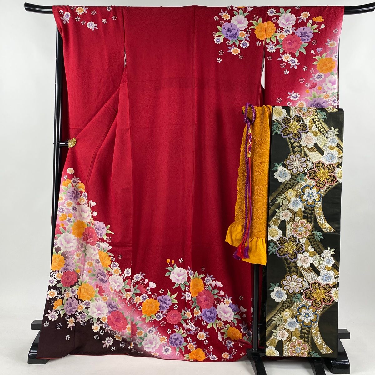 振袖 身丈171.5cm 裄丈69cm L 袷 袋帯フルセット 牡丹 桜 銀彩