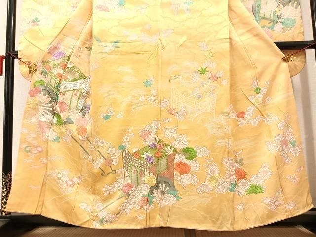 平和屋着物□豪華振袖 駒刺繍 御所車飛鳥草花文 金彩 正絹 逸品