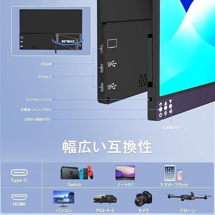 16:9 モバイルモニター 13.3インチ TypeC接続 / 補助電源不要 : モバイルモニター 13.3インチ モバイルディスプレイ IPS