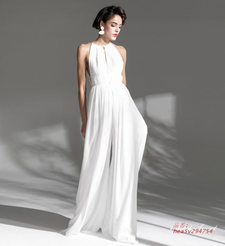 ウェディングドレス ウエディングドレス ロングドレス 二次会 結婚式 前撮り ワイドパンツ パンツドレス 花嫁 パンツドレス ブライダル ホルターネック hea5v294754