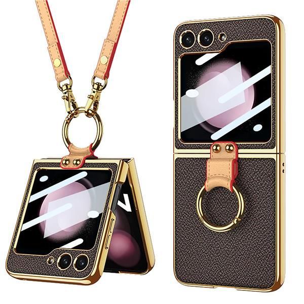Galaxy Z Flip5_ブラウン Galaxy Z Flip5 ケース ストラップ付き Samsung ギャラクシーZ Flip 5 / SC-54D / SCG23 用 カバー リング付き Uovon スマホケース 軽量 液晶保護フィルム付き カメラレ