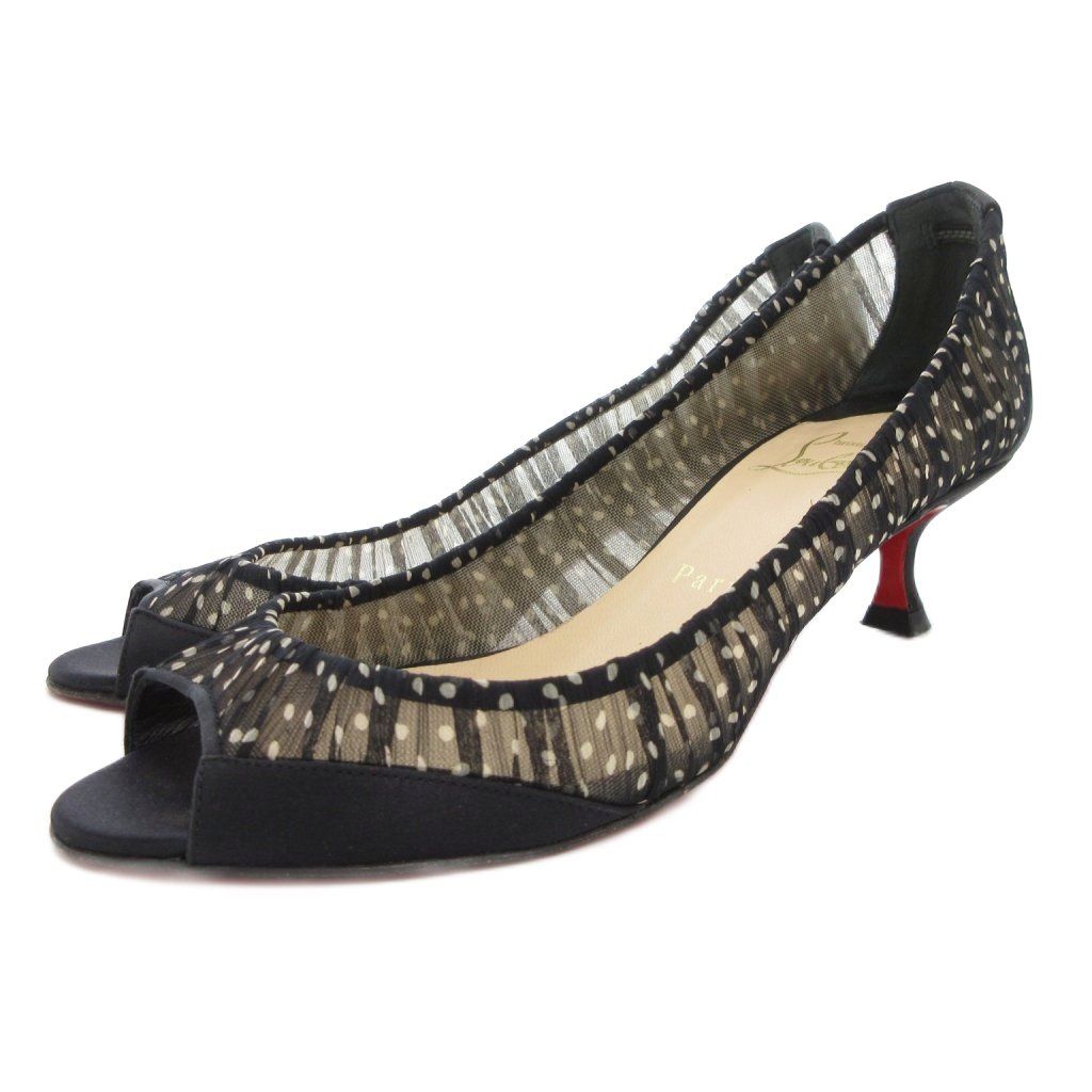 クリスチャンルブタン Christian louboutin パンプス ピンヒール オープントゥ サテン シアー ドット柄 切替 36.5 黒 ブラック 白 ホワイト |GV GY18