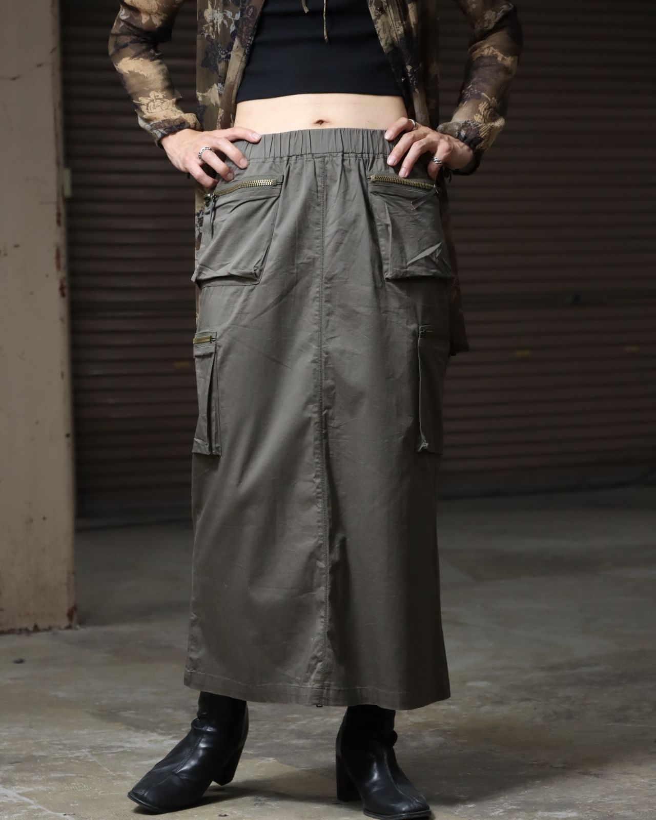 tech design mixi length cargo skirt テック デザイン マキシ丈 ストレート シルエット カーゴ スカート ジップ スリット ブラウン 茶系 USTAUSTRALIA_COM_AU