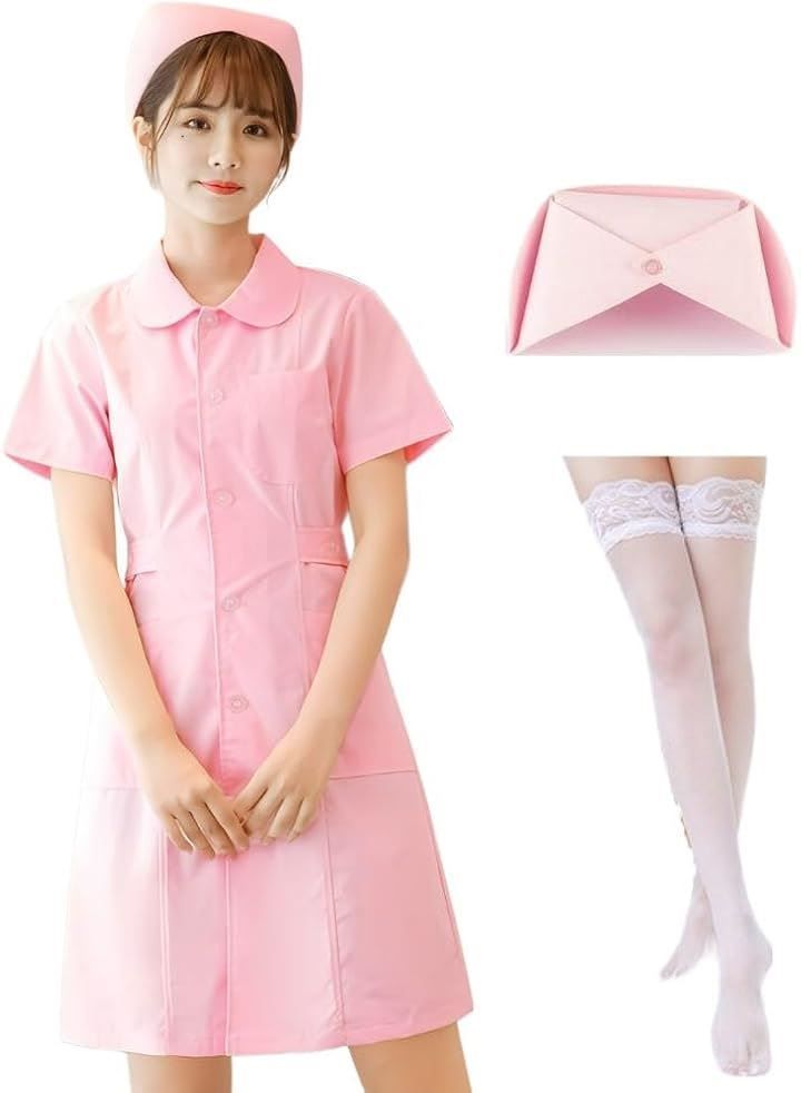 新品OJUMAH ナース コスプレ 帽子 ストッキング 付 ハロウィン 仮装 看護師 制服 膝丈(ピンク M)