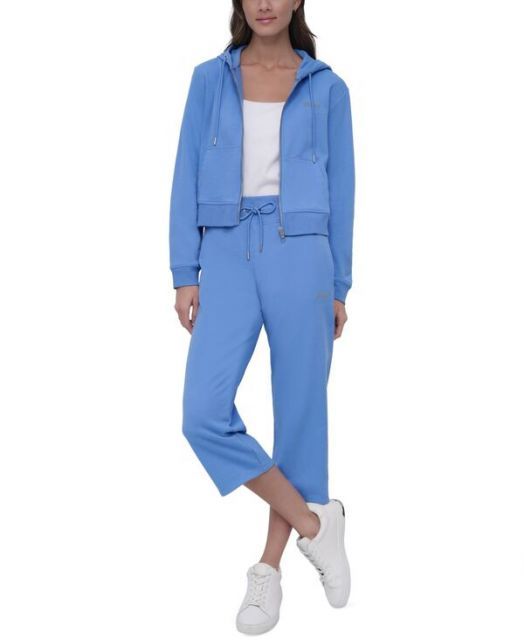 送料無料 ダナ キャラン ニューヨーク レディース パーカー スウェット アウター Women s Cotton-Blend Stud-Logo Full Zip Hoodie Cornflower Blue KIN-KAAI_COM