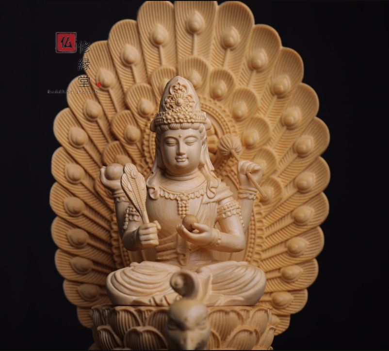 【修縁堂】希少品！ 木彫仏像 孔雀明王座像 彫刻 一刀彫 天然木檜材 仏教工芸 修縁堂】最高級 木彫仏像 孔雀明王座像 彫刻 一刀彫 天然木檜材