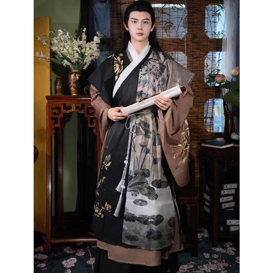 上質 中華コスプレ衣装 大人 男女兼用 明朝 漢服 チャイナ服 振り袖 ロング丈 二重 交差襟 ブラウス 腰紐 山水 水墨 金色の蓮 ハス 道士 僧侶 ロ BJ0903ML113