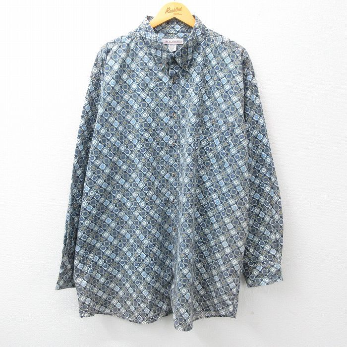 XL/古着 長袖 シャツ メンズ 00s 総柄 大きいサイズ ロング丈 コットン 紺他 ネイビー 23sep01 中古 トップス