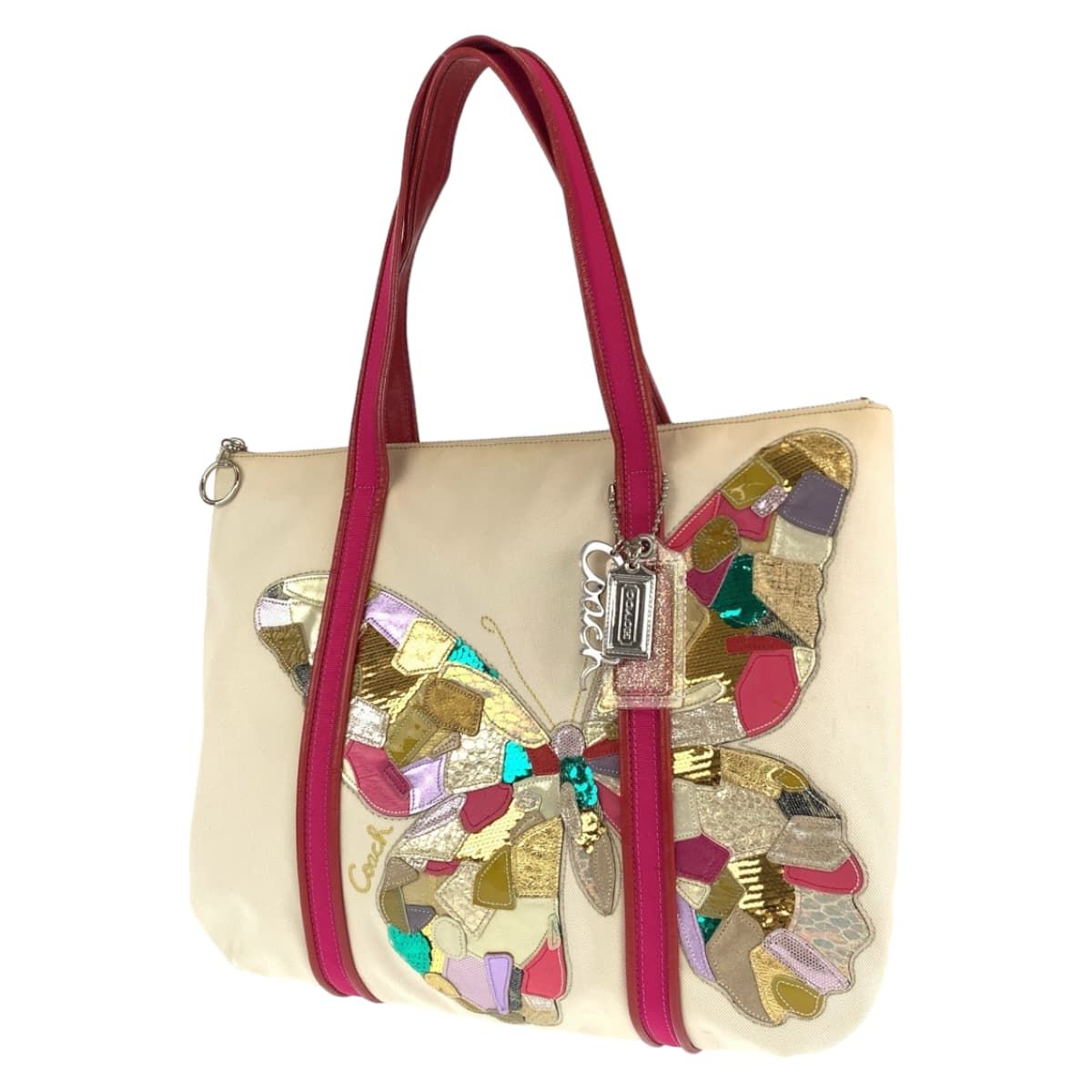 COACH コーチ ポピー バタフライ ホワイト 白 ピンク キャンバス 14539 ショルダーバッグ トートバッグ レディース 405079 【中古】 COACH コーチ ポピー バタフライ ホワイト 白 ピンク キャンバス 14539