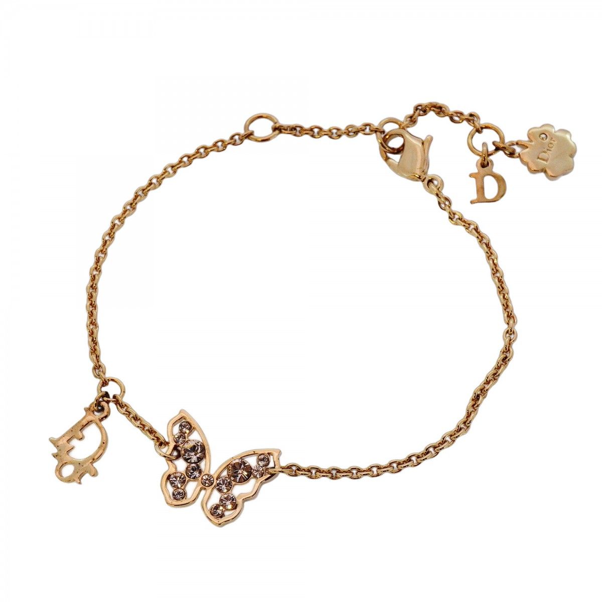 5jib0264 クリスチャンディオール ブレスレット ディオールロゴ バタフライモチーフ GPメッキ ストーン ゴールド ピンク レディース