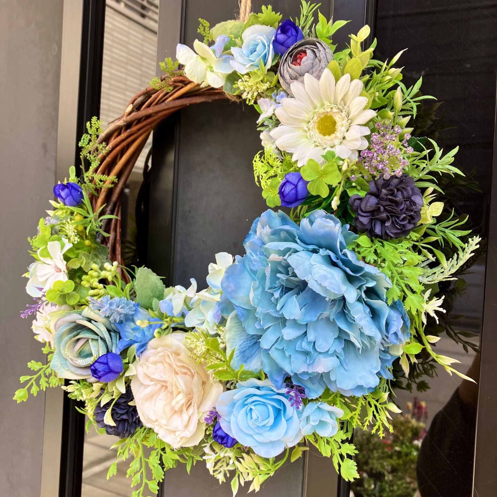 ❇︎フラワーリース❇︎blue❤️36cm☆フラワーアレンジ☆玄関リース 
