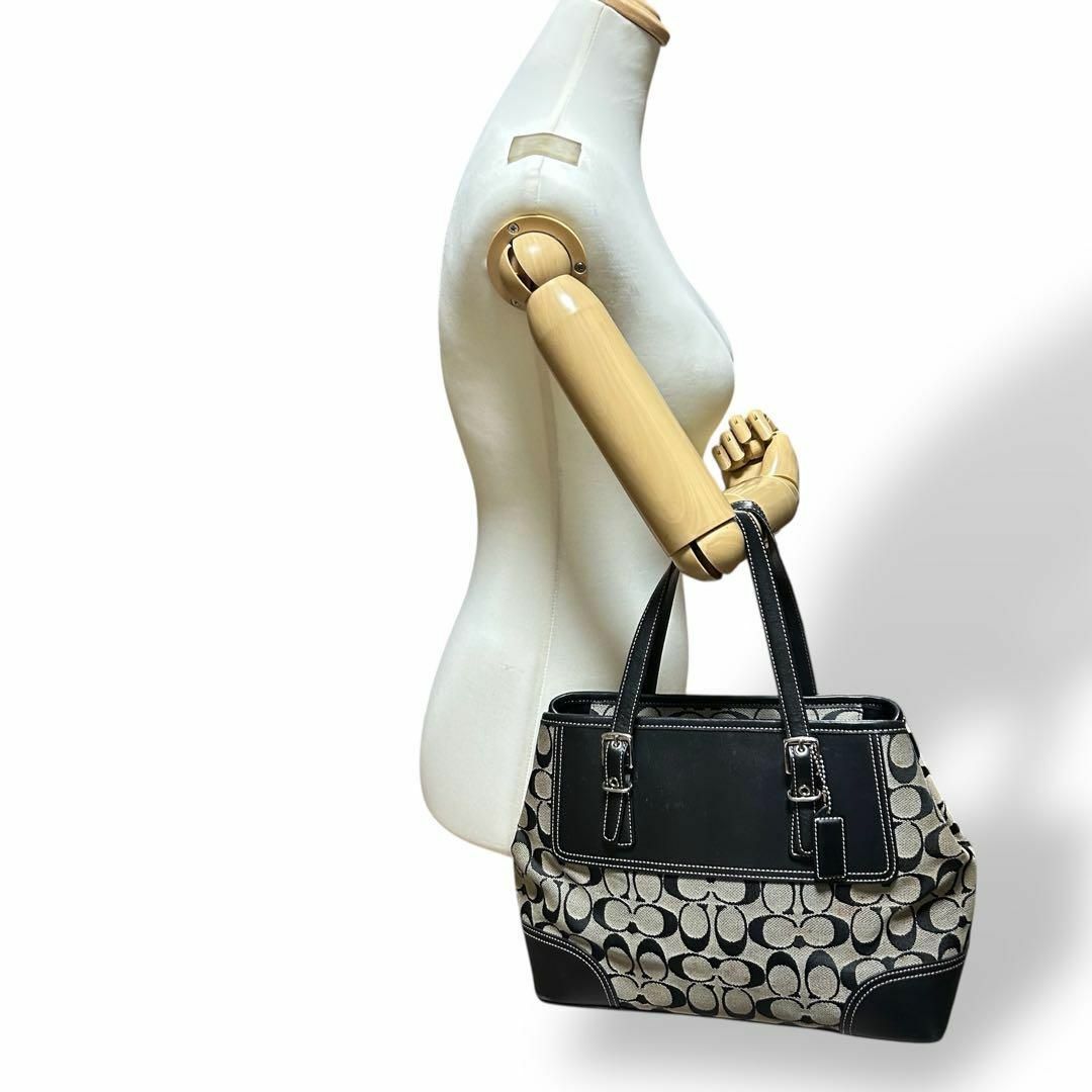 良品 1288 Coach ハンドバッグ シグネチャー キャンバス レザー 黒 良品 1288 Coach ハンドバッグ シグネチャー キャンバス レザー