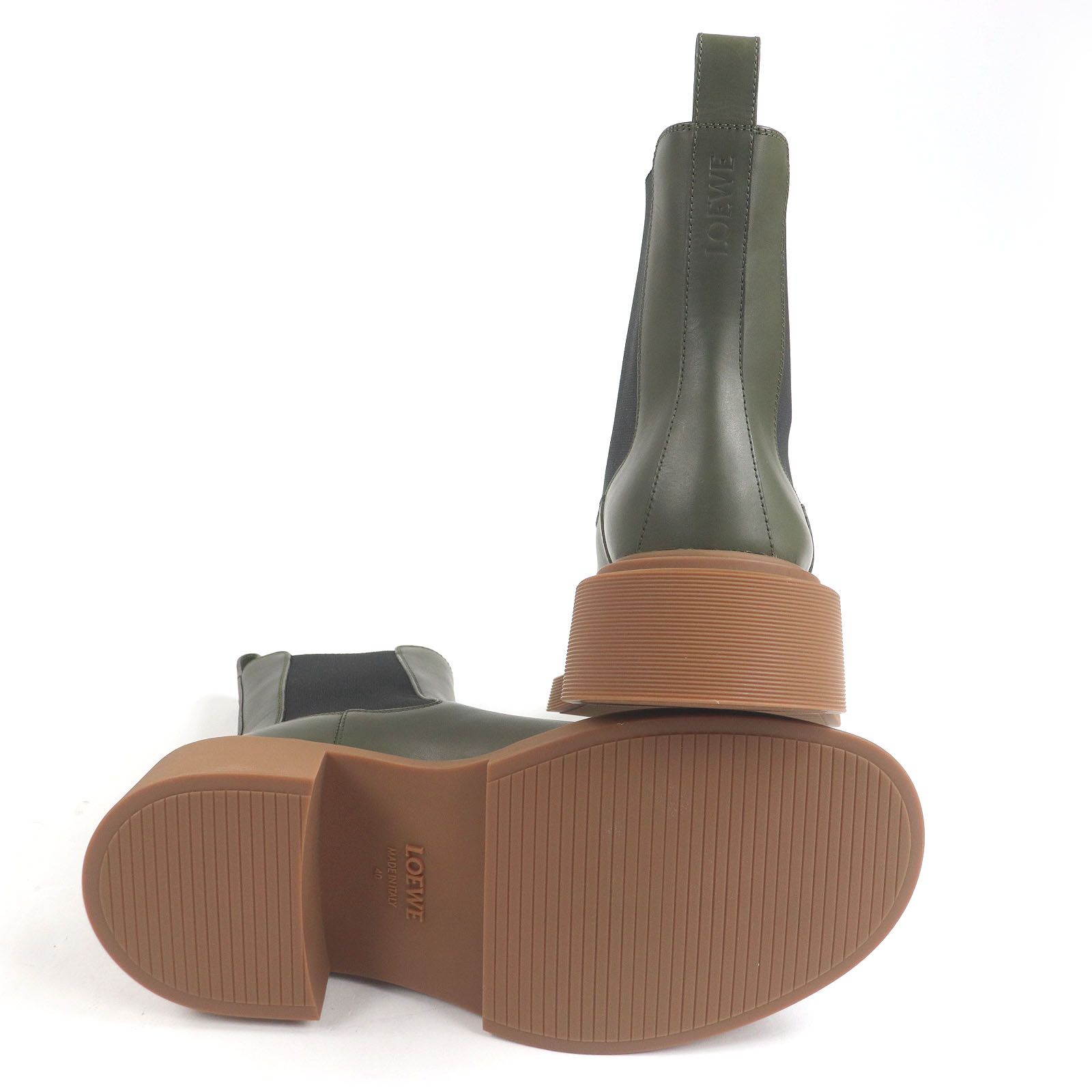  LOEWE ロエベ ロゴ入り レザー サイドゴアブーツ チェルシーブーツ カーキ 40 箱 保存袋付き イタリア製 メンズ その他 ブーツ 革靴