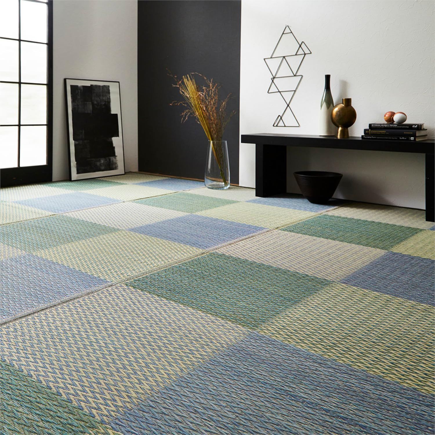 在庫 約286×382cm ブルー 本間6畳 ピーア 中国製 抗菌 単品 防臭 長方形 ヒバ加工 裏張りなし 汚れにくい 両面使える 花ござ 洗濯不可 カーペット 市松柄 ラグ 和モダン アジアンテイスト 自然素材 シンプル い草 おしゃれ イケヒコ