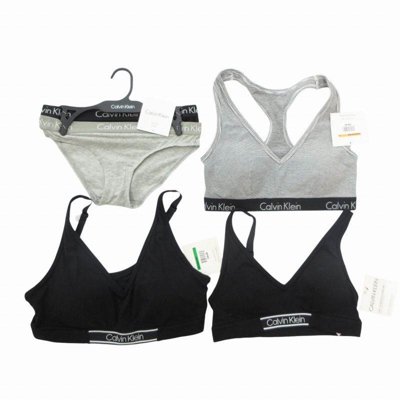 カルバンクライン CALVIN KLEIN 5点セット 下着 ブラジャー ブラレット パンツ ストライプ XS-S グレー 黒 ブラック |HO□ 0419