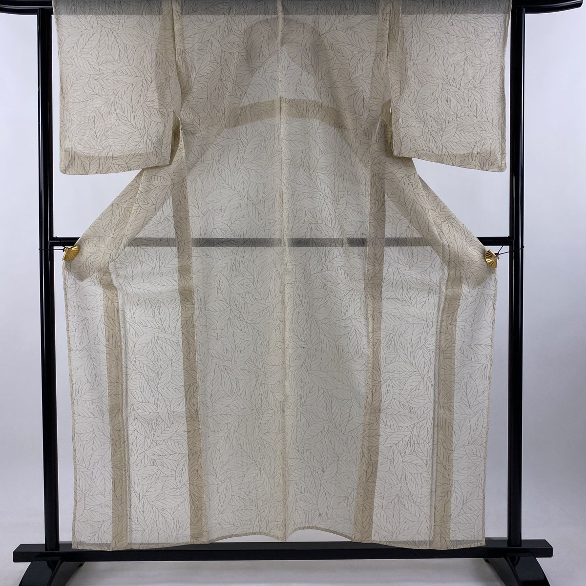 小紋 身丈156cm 裄丈63.5cm S 薄物 夏紬地 葉柄 ベージュ 正絹 秀品