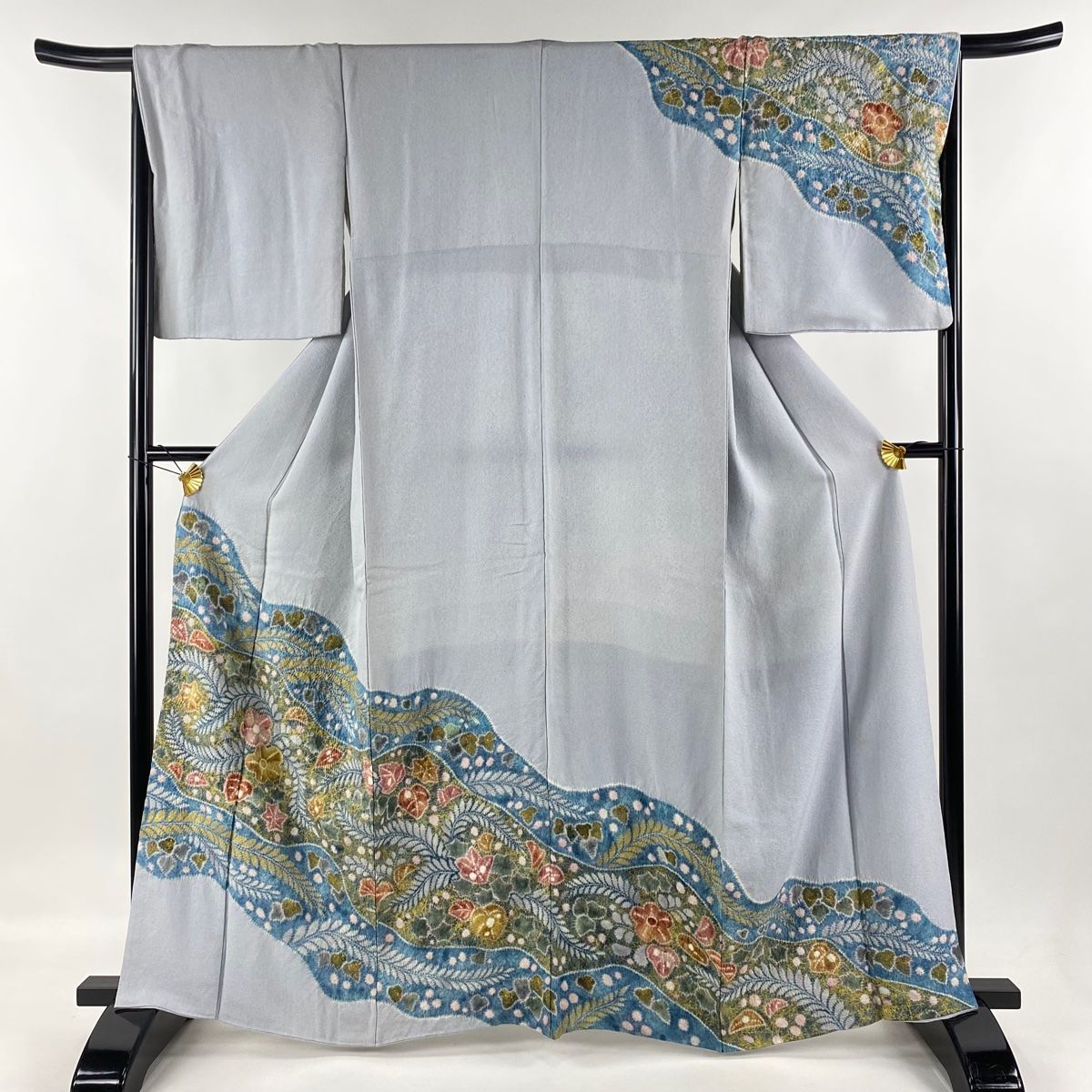 訪問着 身丈164cm 裄丈66.5cm M 袷 草花 霞 金彩 絞り 水色 正絹 名品