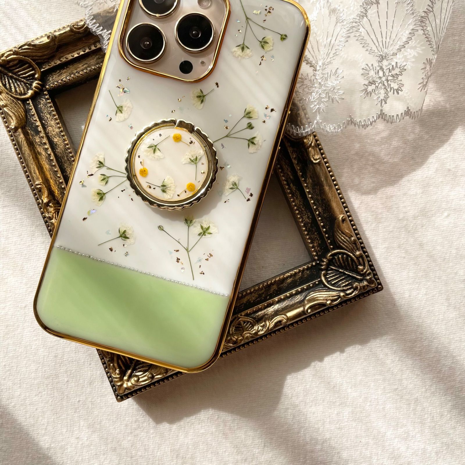押し花スマホケース 全機種対応 iphoneケース かすみ草