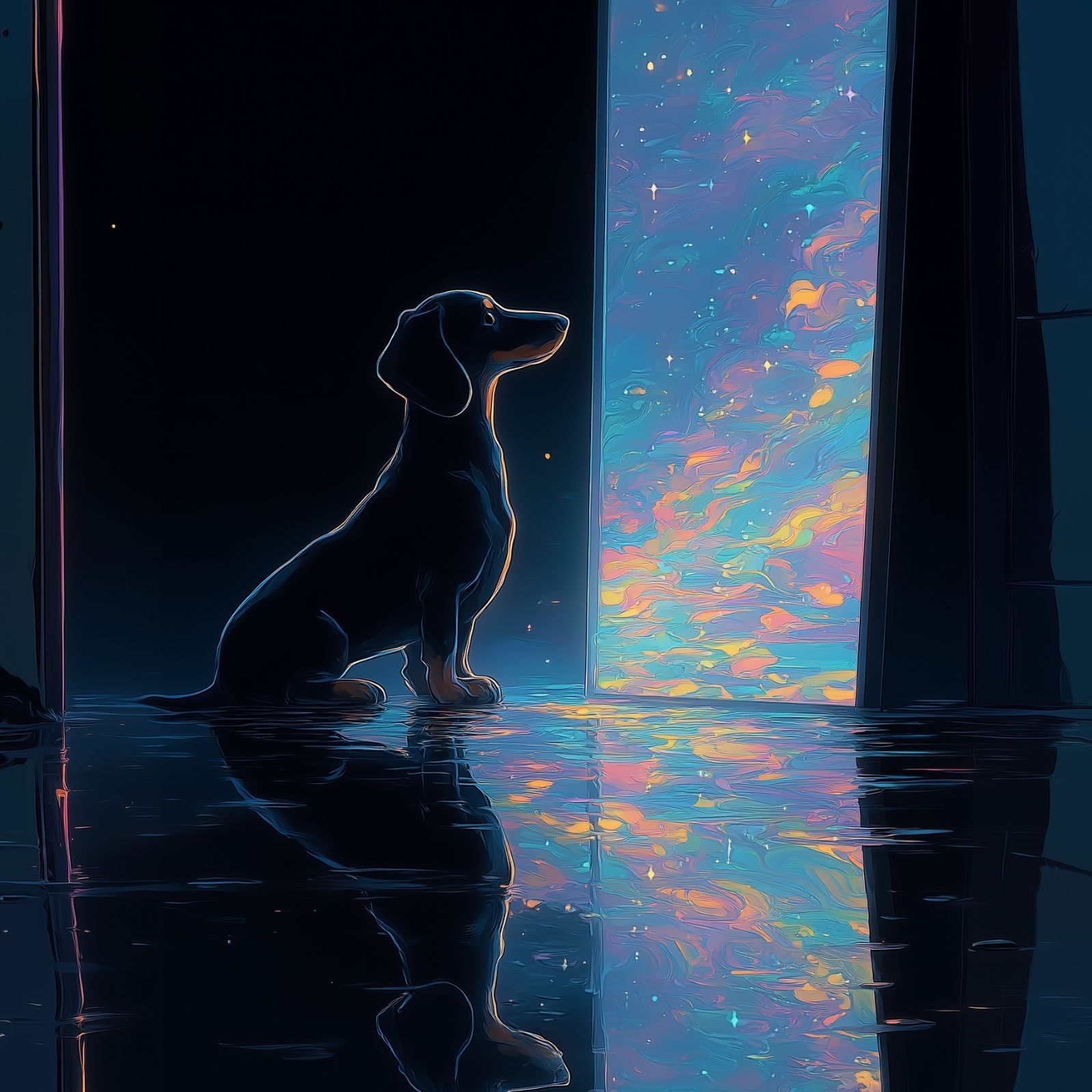 名入れOK リフレクション - ダックスフンド犬 No.1 アートポスター ペットロス うちの子記念日 北欧 ナチュラル モダンインテリア