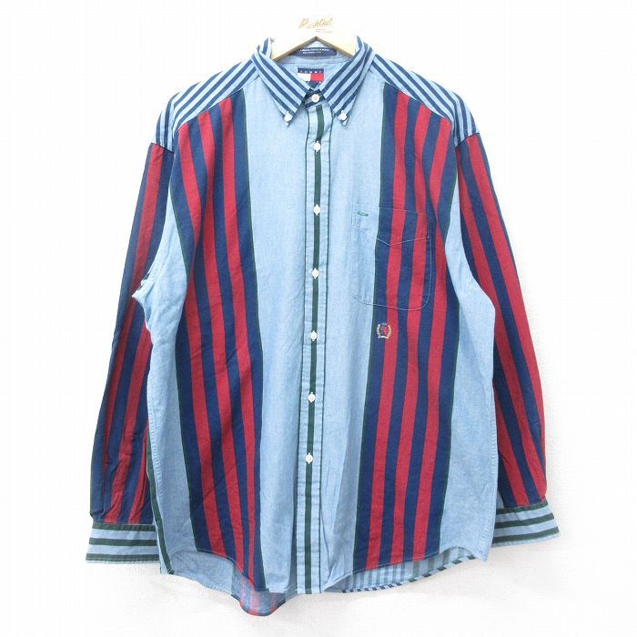 XL/古着 トミーヒルフィガー 長袖 ブランド シャツ メンズ 90s ワンポイントロゴ 大きいサイズ コットン ボタンダウン 薄紺他 ネイビー ス
