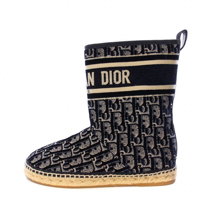 クリスチャンディオール Christian Dior VELVET OBLIQUE ムートンブーツ ショート 厚底 エスパドリーユ ロゴ ベロア 切替 36.5 黒 ブラック 青 ブルー KCI654VOFS56B |BB